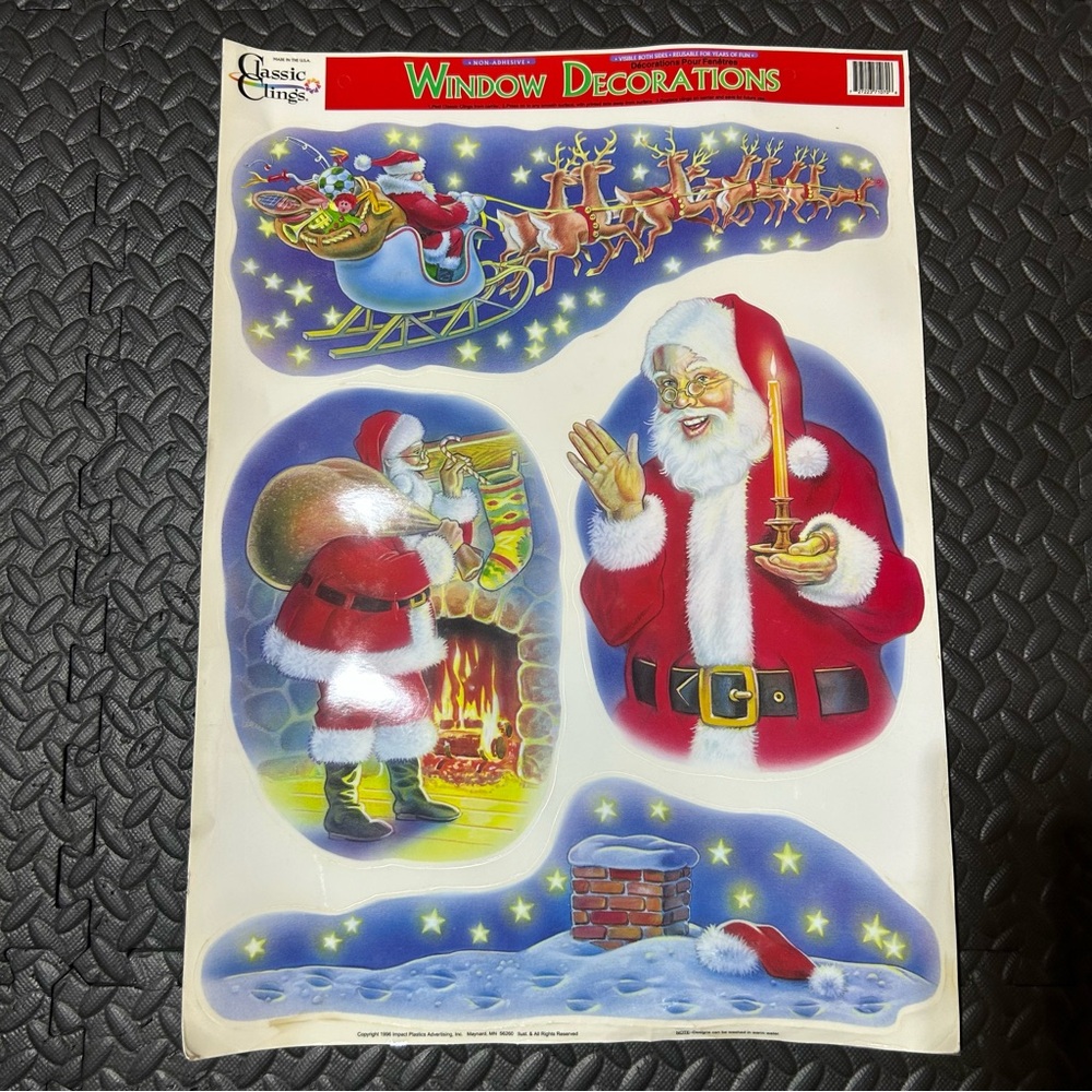 Vintage Christmas Window Cling Decor Santa Claus Reindeer Sleigh Decor 90s NEW